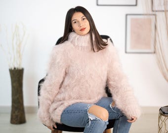 Beige Mohair Turtleneck Sweater, Hand Knitted Soft Fluffy Pullover T1153