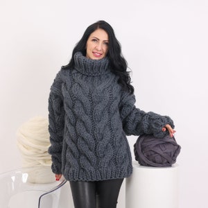 Mega Thick Hand Knitted pure Wool Sweater Gray Soft Turtleneck Jumper Pullover Jersey with Cables T1621 image 9