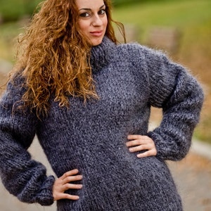 Gray Mohair Sweater, Turtleneck Sweater, Hand Knitted Sweater, Fluffy Sweater, Huge Oversized Sweater, Mohair Fetish, Chunky Sweater T203 image 5