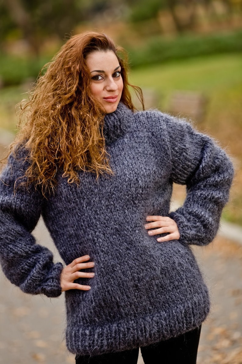 Gray Mohair Sweater, Turtleneck Sweater, Hand Knitted Sweater, Fluffy Sweater, Huge Oversized Sweater, Mohair Fetish, Chunky Sweater T203 image 5