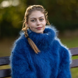 Blue Mohair Sweater, Hand knit Fluffy Sweater T1271
