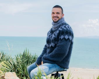 Nordic Knit Mohair Sweater – Hand-Knitted Icelandic Fair Isle Turtleneck Jumper T800M