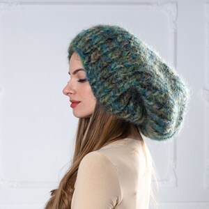 6 Strands Green Melange Mohair Balaclava, Knit Hat, Fluffy Mohair Beanie, Slouchy Hat, Fluffy Hat, Fetish Balaclava, Oversized Hat T1000
