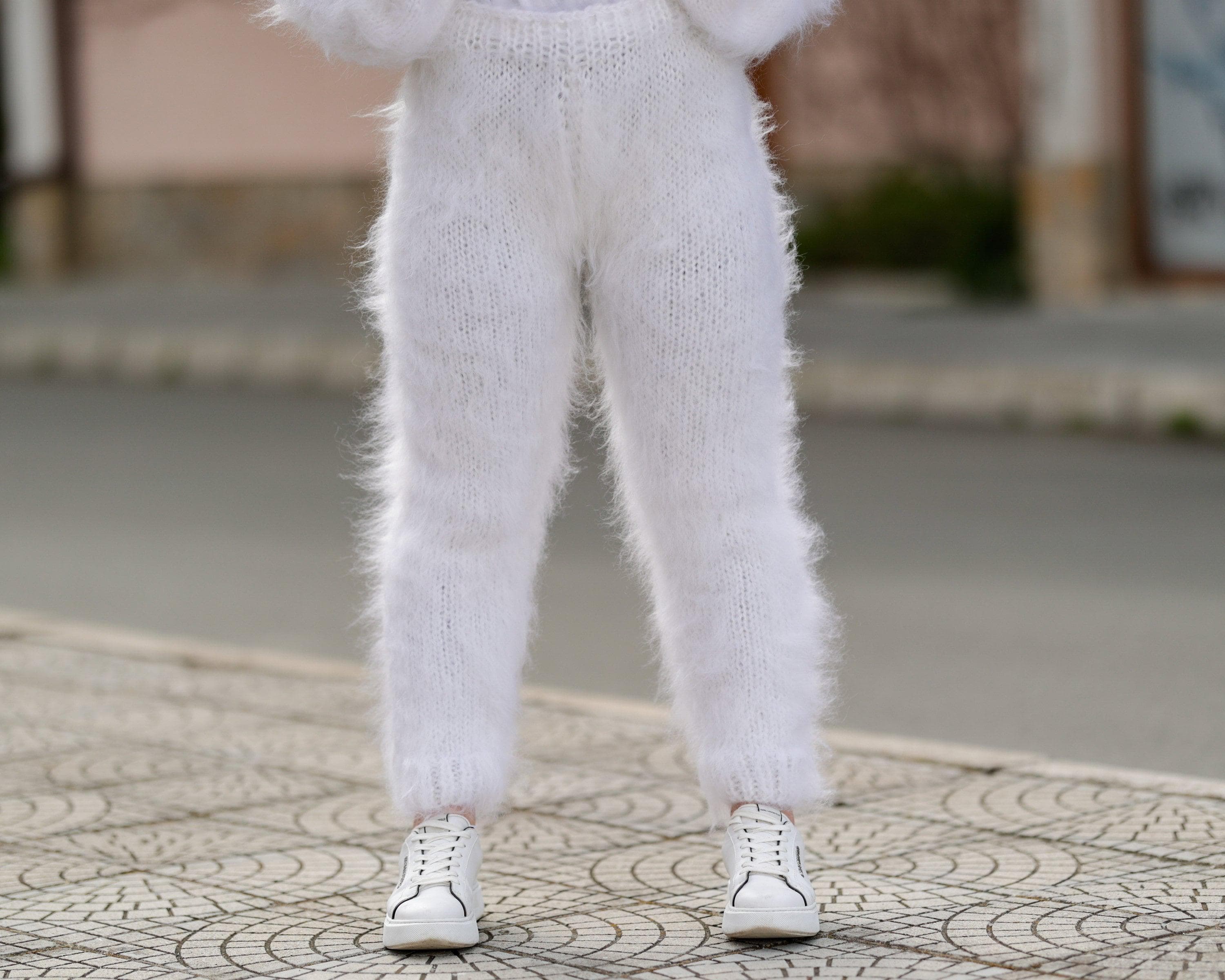 White Mohair Knit Pants, Hand Knitted Fluffy Soft Trousers T1404
