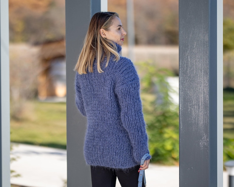 Denim Mohair Sweater – Hand-Knitted Women’s Pullover T1297 image 5