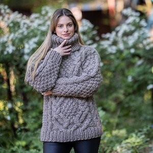 May include: A brown chunky knit turtleneck sweater with a cable knit pattern.