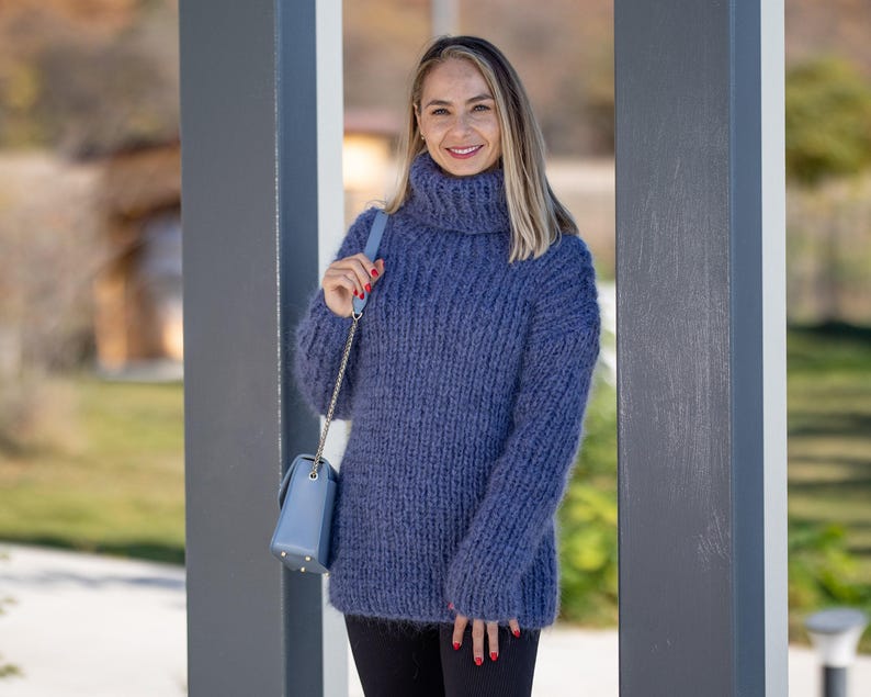 Denim Mohair Sweater – Hand-Knitted Women’s Pullover T1297 image 4