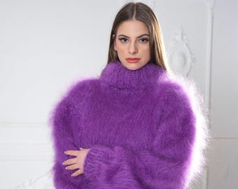 Hand Knitted Purple Mohair Sweater, Chunky Fluffy Turtleneck Jumper, Oversized Warm Pullover T983