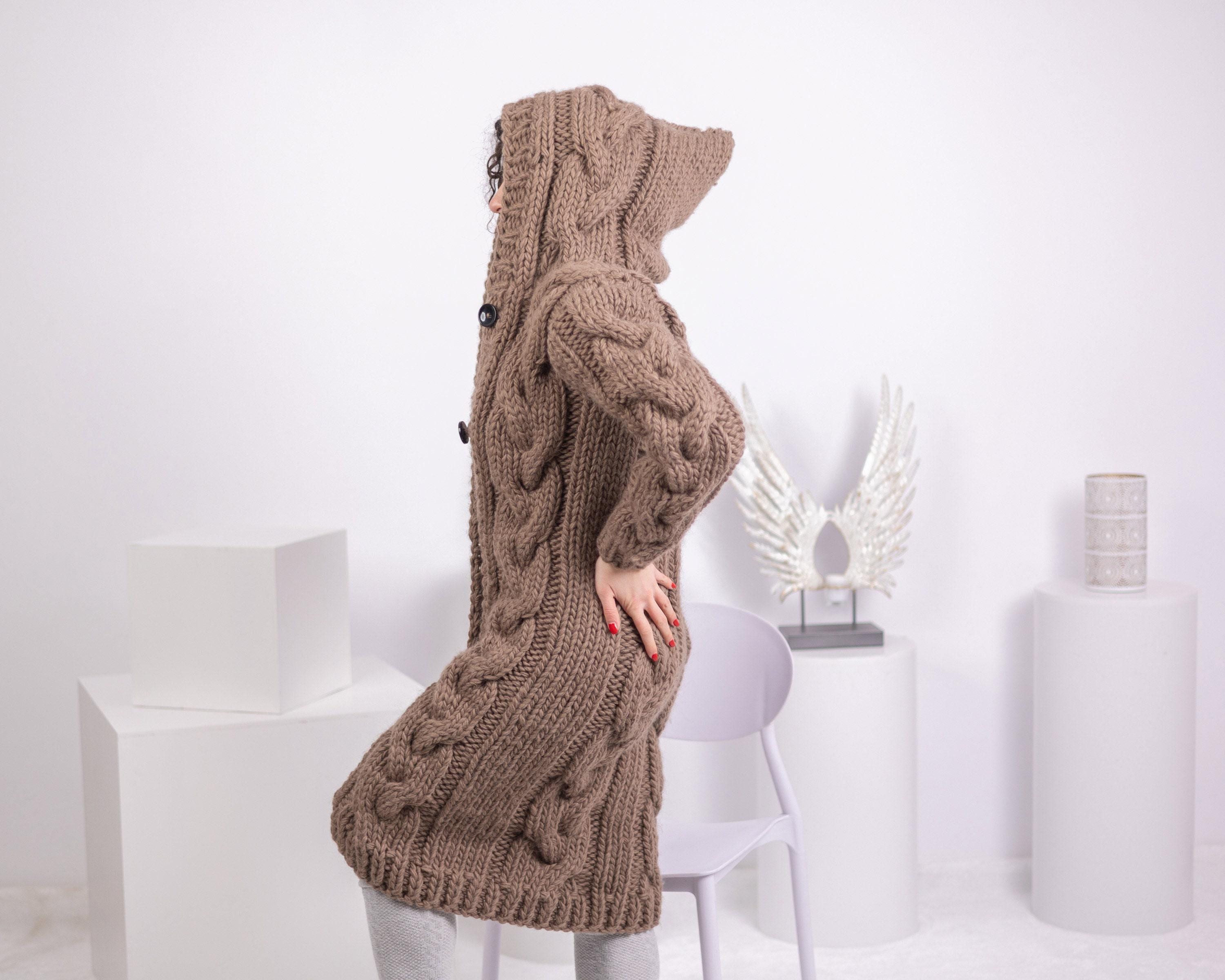 Brown Wool Cardigan – Hand Knitted Cable Knit Sweater T1543 - Etsy