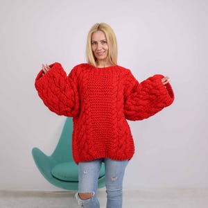 Red Cable Knit Woolen Sweater, 100 % Wool Jumper, Hand Knit Wooly Pullover T1883