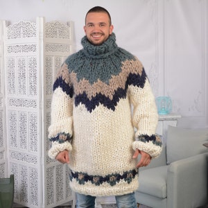 Colourful Men Merino sweater, Hand knitted sweater, Norwegian soft pullover, Nordic extra warm Jumper T 801