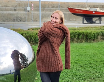 Women’s Brown Ribbed Wool Sweater with Extra Long Sleeves, Hand Knitted Chunky Pullover T922