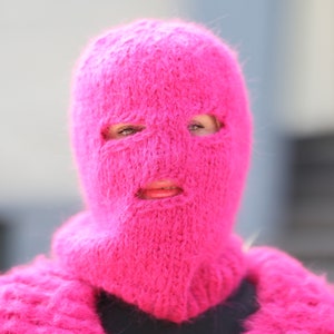 Pink Alpaca Balaclava, Knit Hat, Fluffy Beanie, Slouchy Hat, Winter Ski Mask Hat, Fetish Balaclava, Oversized Hat  T1488