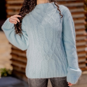 Ready to ship sweater in size XL, Elegant rabbit angora sweater, 100% hand knitted baby blue genuine rabbit angora sweater T1434
