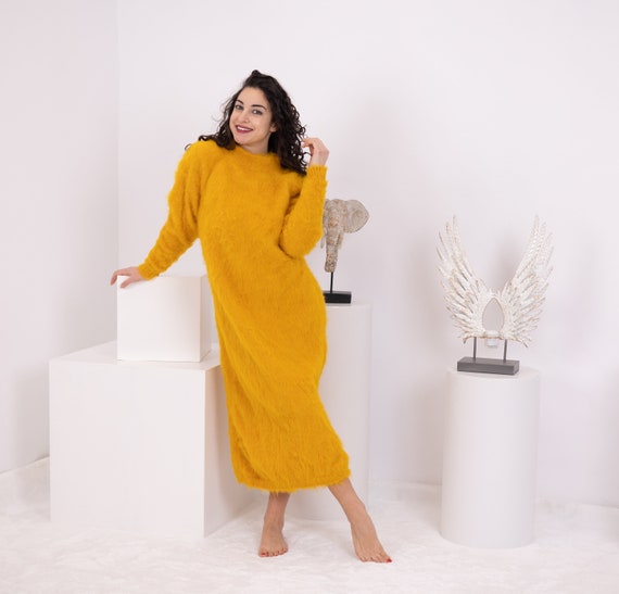 Yellow Alpaca Sweater Dress, Hand Knitted Fluffy Turtleneck Loose Maxi Dress T1580