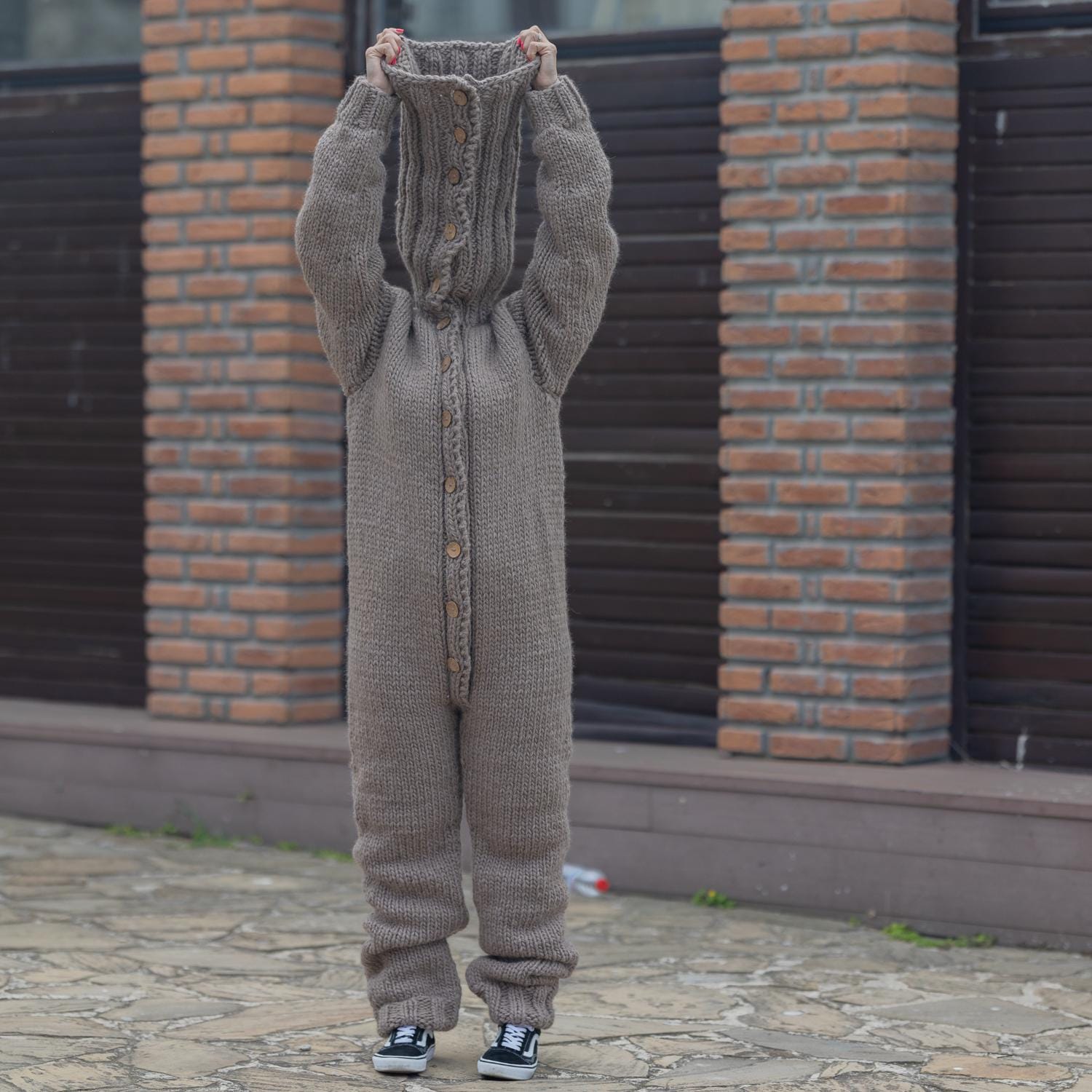 Hand Knitted Wool Catsuit With Extra Long 55cm Turtleneck