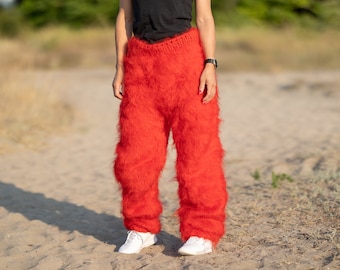 Red Mohair Pants, Hand knitted trousers T1233