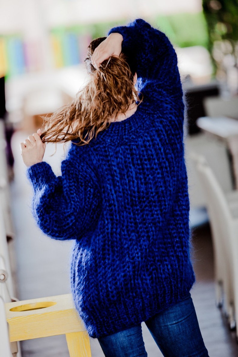 Blue Mohair Sweater Hand Knit Sweater Crewneck Jumper Etsy