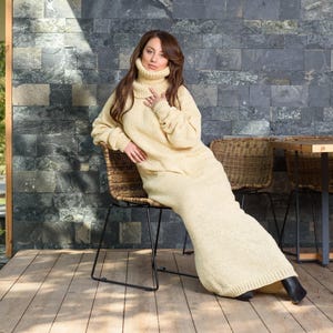 Handgestrickte 100% Wolle Maxi Kleid, Creme Pullover Robe T890