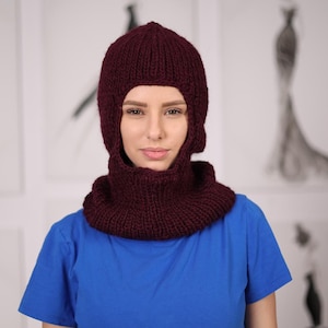 Burgundy Wool Balaclava, Hand Knitted 100 Percent Wool Open Face Hood T2054