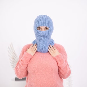 Blue Wool Balaclava, Knit Hat, Woolen  Beanie, Slouchy Hat, Winter Ski Mask Hat, Fetish Balaclava, Oversized Hat  T1599