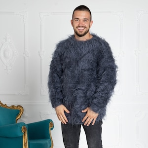 Gray mens mohair sweater, knit wool mens pullover, unisex hand knitted sweater, chunky knit sweater large men sweater, sweater for him T641M