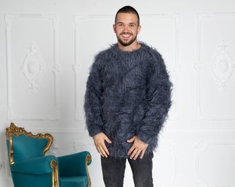 Pull mohair homme gris, pull homme en laine tricotée, pull tricoté à la main unisexe, gros pull en tricot grand pull homme, pull pour lui T641M