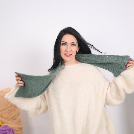 One Available Green Ribbed Mohair Scarf, Long Wrap T1618 - Etsy