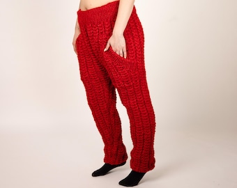 Pantalones de punto de lana roja, joggers de lana 100% tejidos a mano para mujer T1072