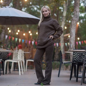 Braune Wolle Strick Leggings – Handgestrickte Damen Wolle Joggers T881 Bild 3