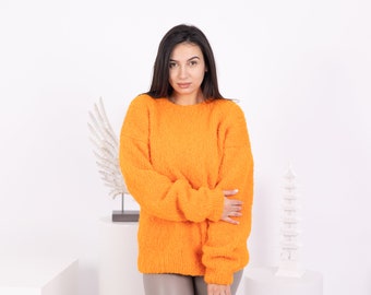 Ready to ship sweater in size 3XL,  Neon Orange  Alpaca sweater , Super soft sweater , Crewneck sweater , Handknit sweater T1585
