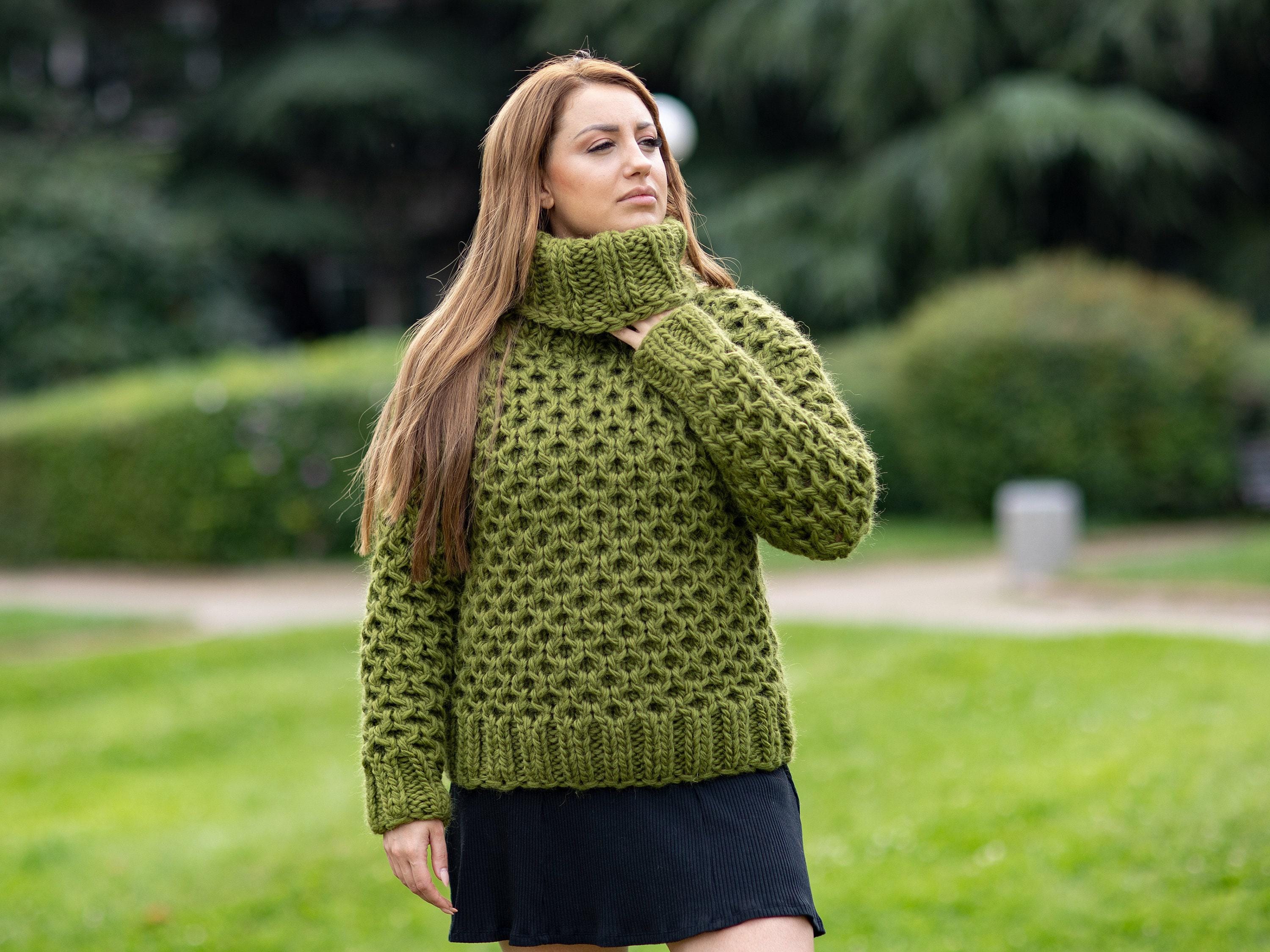 Buy Green Wool Sweater, Hand Knitted Honeycomb Jumper, Chunky 100