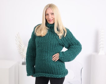 Grüner Grobstrick Strickpullover, Grobstrick Pullover, Riesen Strickpullover, Grobstrick Pullover, Super Grobstrickpullover, Merino Grobstrickpullover T1627