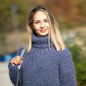 Denim Mohair Sweater – Hand-Knitted Women’s Pullover T1297 image 7