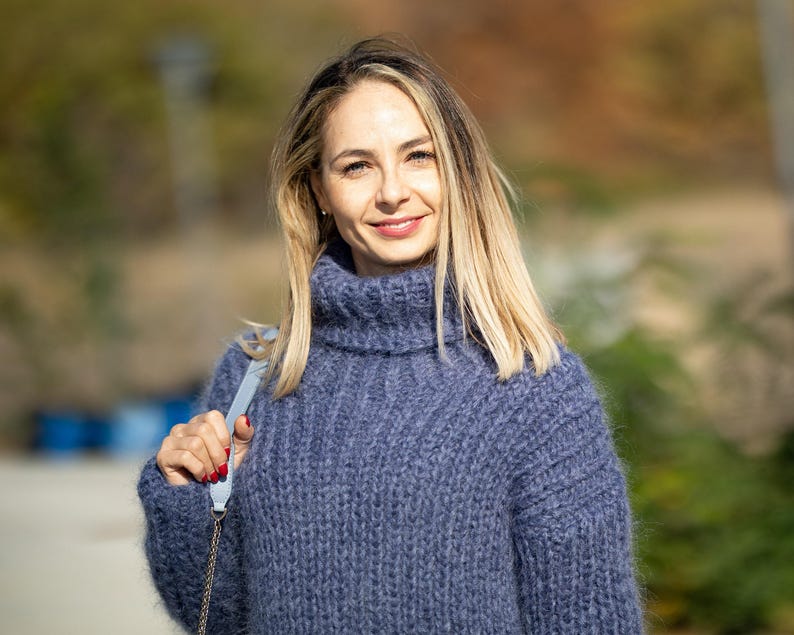 Denim Mohair Sweater – Hand-Knitted Women’s Pullover T1297 image 7