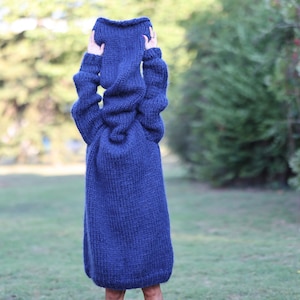 Sweater Dress with Huge Turtleneck of 100 cm and extra long sleeves , Hand knit sweater, Bulky mohair sweater, Fetish Sweater T1458