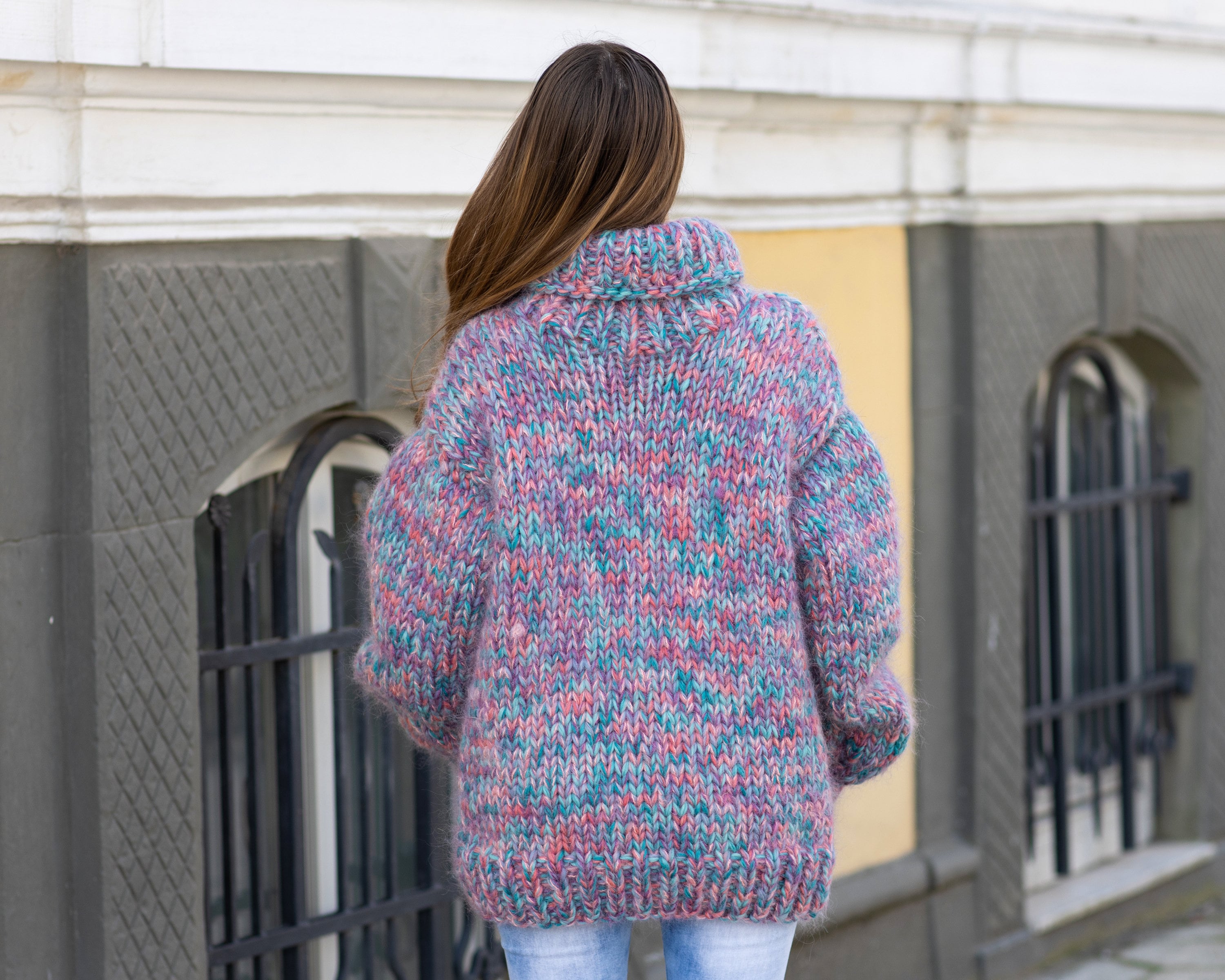 トップス CLANE MIX YARN WIDE RIB TURTLE Mohair and Wool Mix Sweater, Thick Knit Sweater in Blue