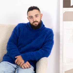 Blue Man Alpaca Sweater, Fluffy Men Sweater  T1676