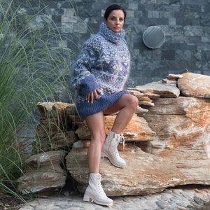 Blue Mohair Sweater, Icelandic Sweater, Hand Knit Sweater, Men Mohair Sweater, Norwegian Sweater, Fluffy Huge Sweater, Nordic Sweater  T835W