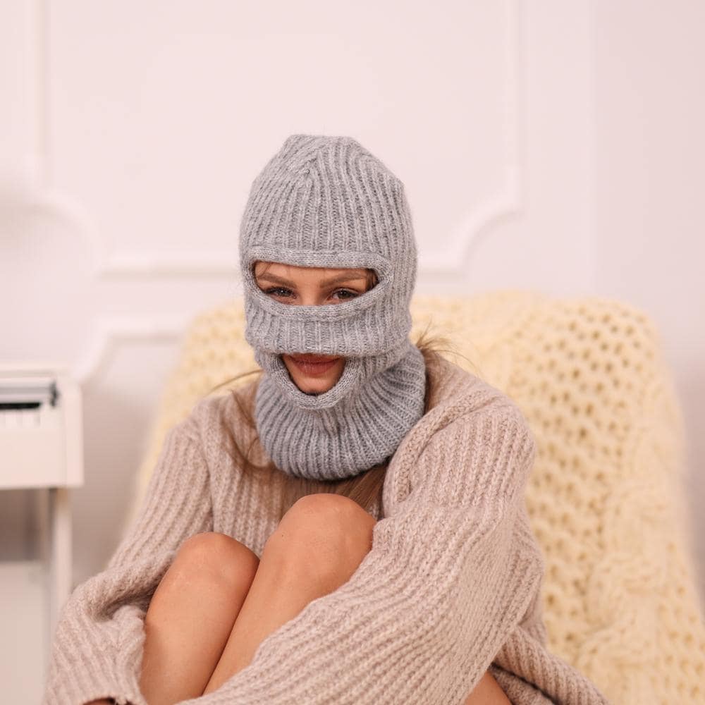 Alpaca Merino Balaclava – Hand Knitted Grey Ribbed Ski Mask T1962