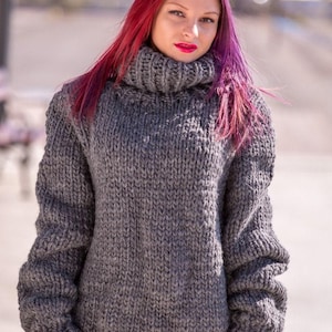 Suéter de lana suave 100 % lana, cuello alto, tejido a mano, grueso, T509