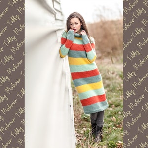 Soft Wool Dress, HandKnit Sweater, Chunky Knit Dress, Turtleneck Sweater,  Raw wool sweater, Woolen Dress, Striped sweater. Itchy Dress T420