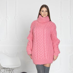 Pink Cable knit sweater. Hand knit sweater. T neck  sweater. Big knit sweater. Cables sweater. Virgin wool sweater. Soft wool sweater T625