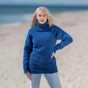 Excuisit Blue  Mohair Turtleneck sweater, Soft sensual winter jumper with T neck T1419