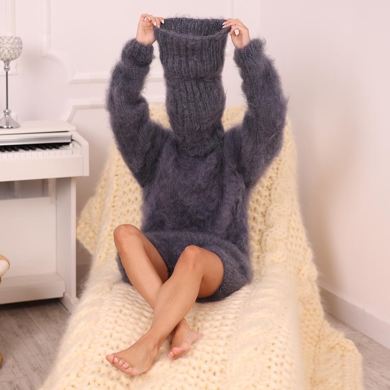 Brushed Mohair Bodysuit – Fluffy Hand-Knitted One-Piece with 70 cm Extra Long Turtleneck T1982 image 2