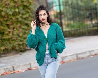 Green Alpaca Cardigan – Hand Knitted Soft  Wool Jacket T1505