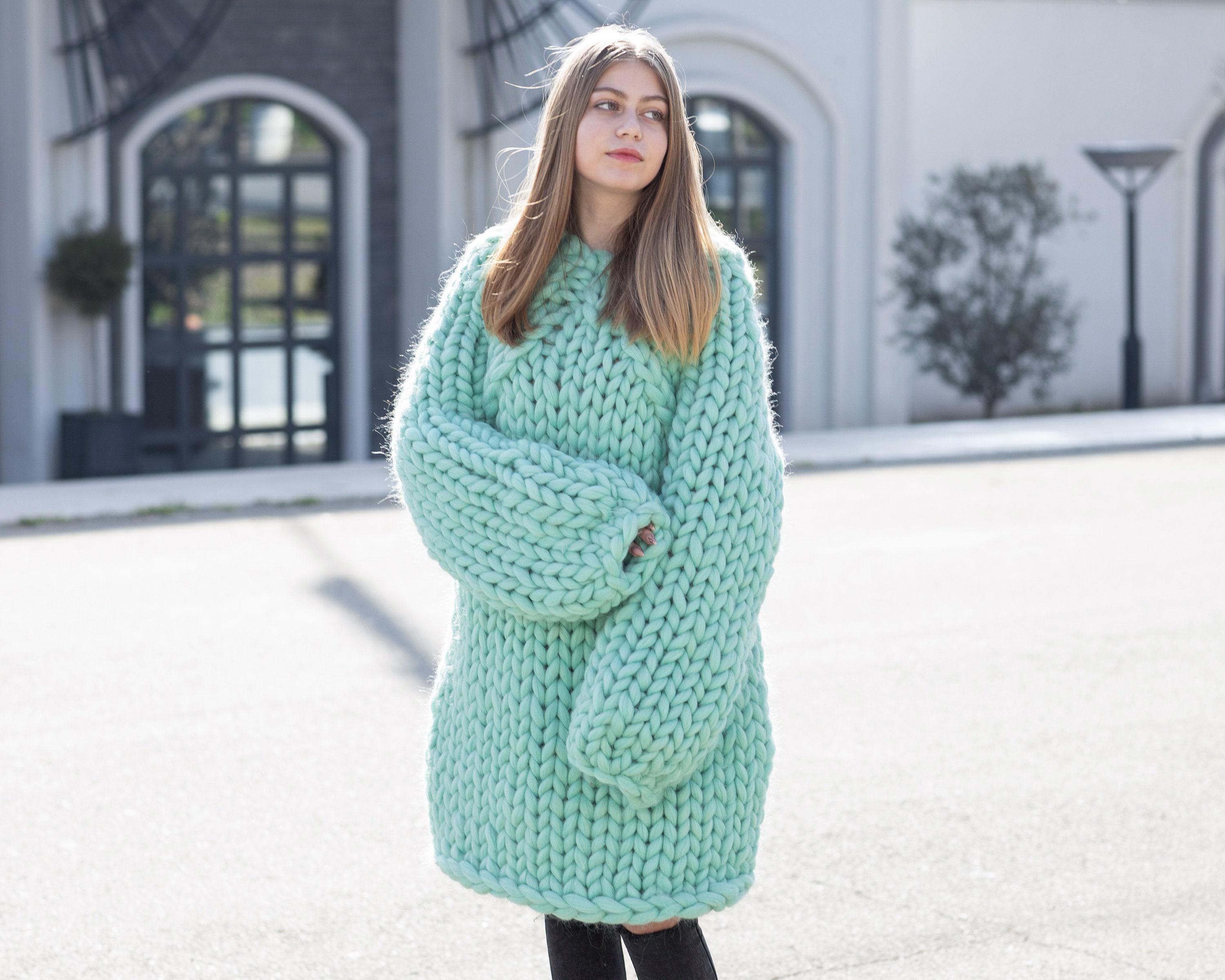 Super Chunky Merino Wool Sweater, Hand Knitted Giant Pullover T1038