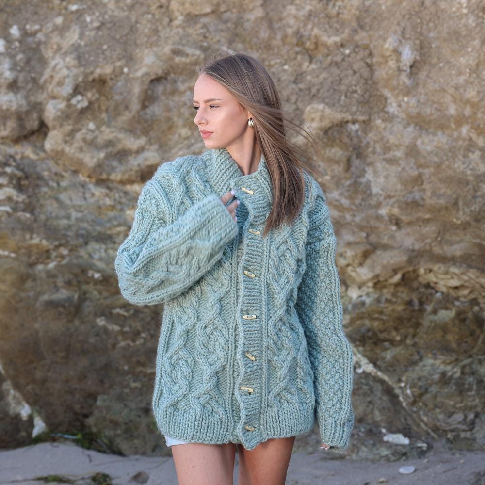 Chunky Wool Cardigan – Hand Knitted 100% Wool Cable Knit Sweater