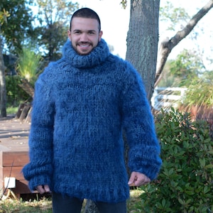 Mohair and wool mix Sweater, Thick knit Sweater in blue, Turtleneck Jumper T673M