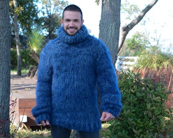 Mohair und Wollmix Pullover, Dicker Strickpullover in Blau, Rollkragenpullover T673M